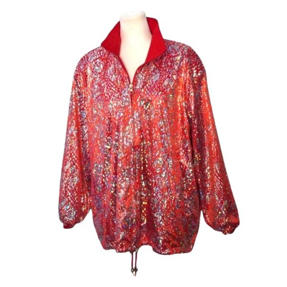 Y2K Holographic Bomber Jacket, Reversible Red Jacket, Silver Hologram 90s Unisex